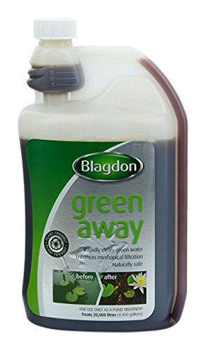Blagdon Treat Green Away 1000ml bottle features a green label with a white logo, a flip-top cap, and a dark liquid inside, designed to clear green water in ponds.