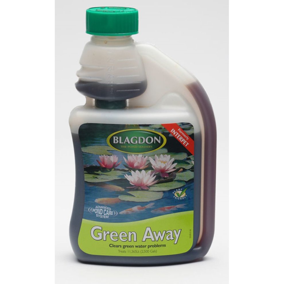 Green Away 250ml bottle by Blagdon, featuring a green cap, white and black plastic body, and a label with water lilies, designed to clear green water problems in ponds.