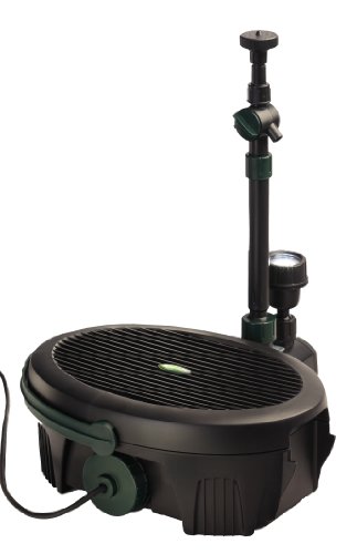 Black and green Blagdon Inpond 5-in-1 3000 pond filter with a textured top, adjustable fountain nozzle, and integrated UV clarifier, designed for maintaining pond health.
