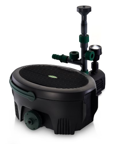 Blagdon Inpond 5-in-1 6000 features a sleek black design with a ribbed top, multiple green connectors, a built-in UV clarifier, and a pump for pond filtration and water circulation.
