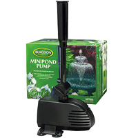 Black Blagdon Mini Pond Pump 900 with a sleek design, featuring a long outlet tube, positioned next to its green and white packaging showcasing a water feature.