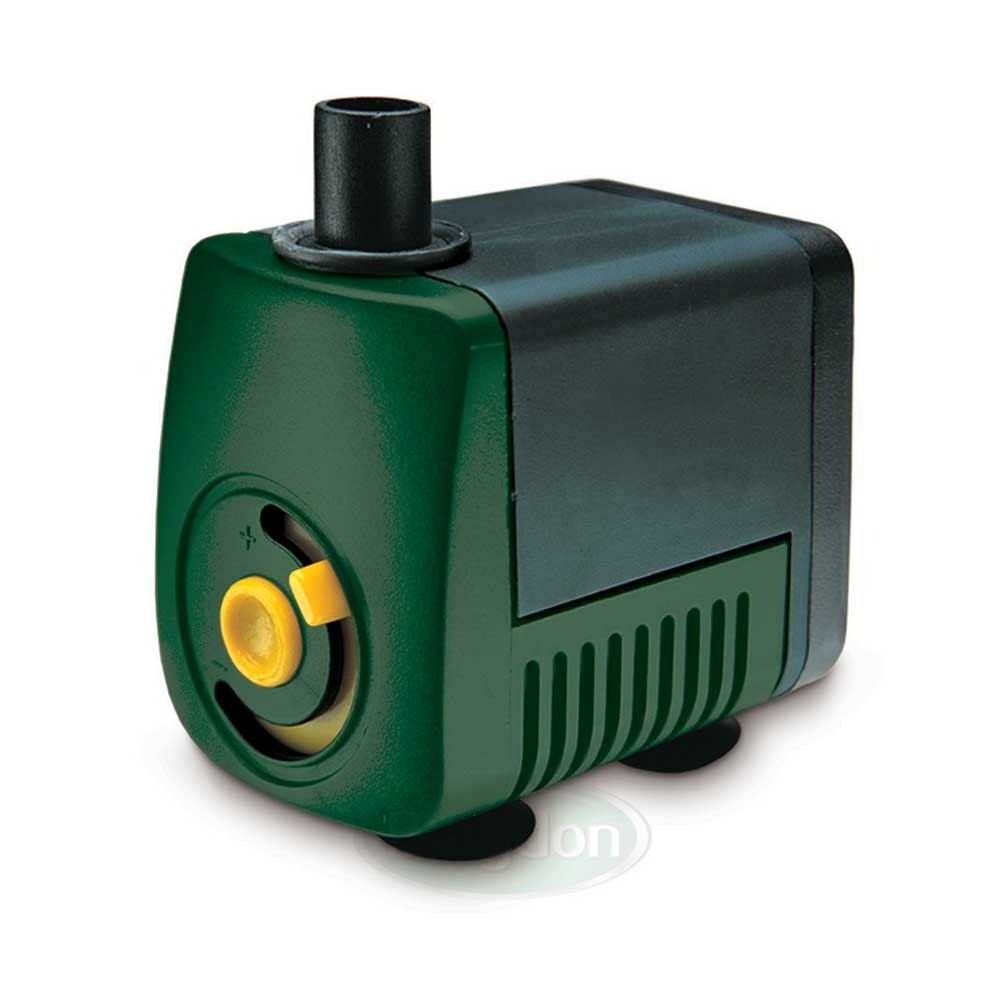 Compact green and black indoor pump with a yellow control dial, featuring a cylindrical outlet and rubber feet for stability, designed for efficient water circulation.