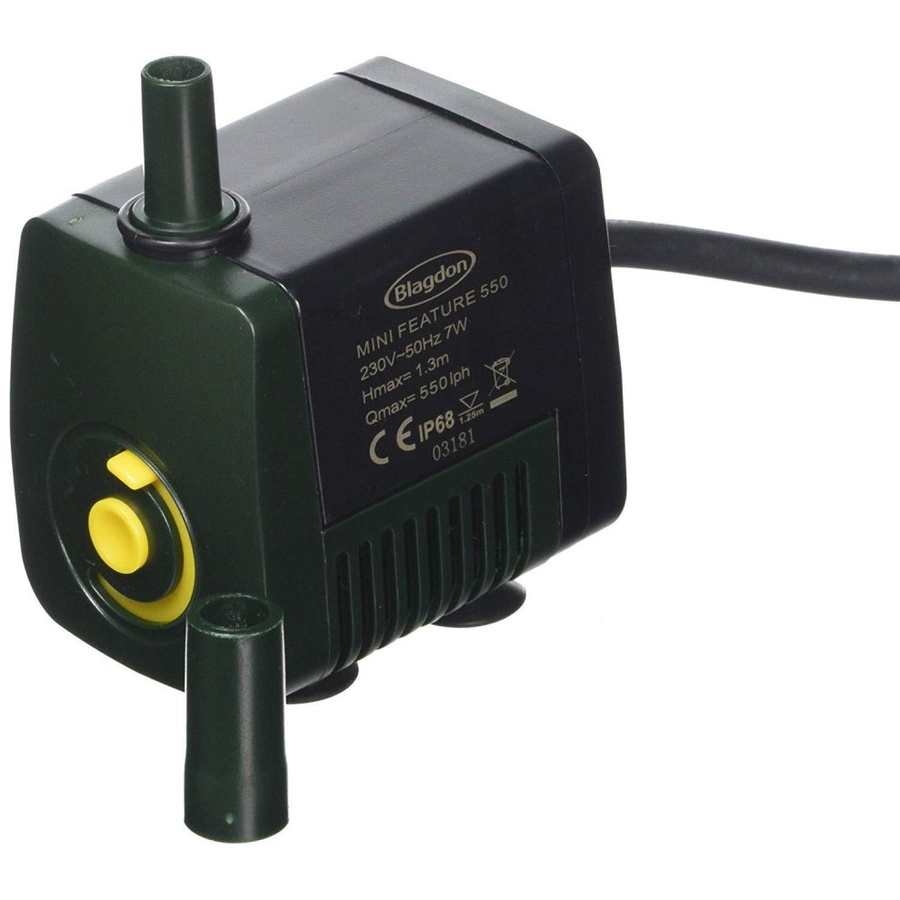 Compact black and green Blagdon Water Movement Feature Pump 550 with a yellow control dial, two outlet hoses, and an IP68 waterproof rating for outdoor use.
