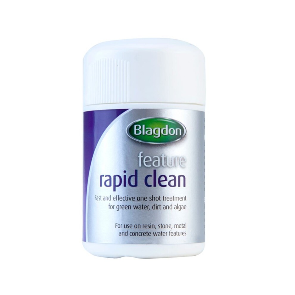 Blagdon 2752 Feature Rapid Clean is a white cylindrical container with a green and silver label, designed for treating water features by eliminating green water, dirt, and algae.