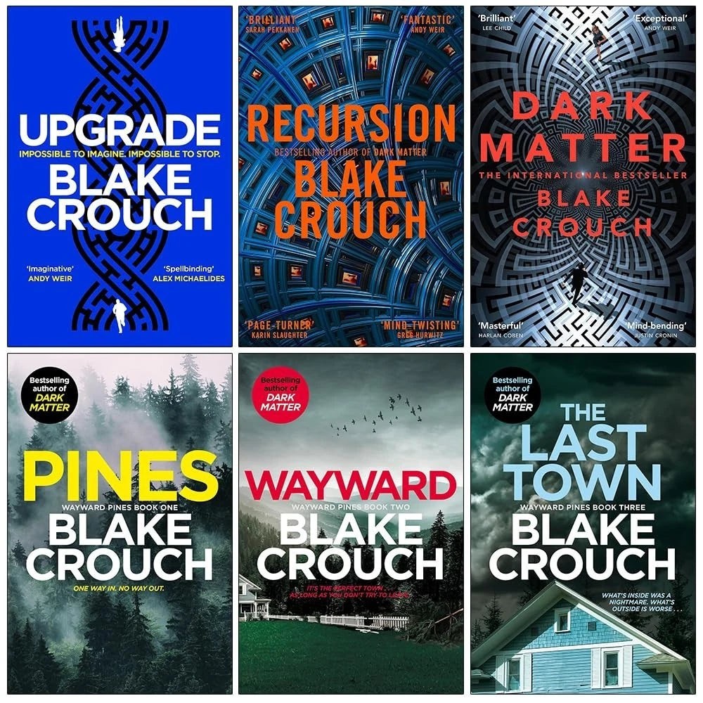 Six paperback books from the Blake Crouch series, featuring bold titles like "Upgrade," "Recursion," and "Dark Matter," with striking cover designs in dark colors and intricate patterns.