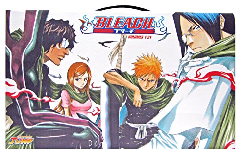 Bleach Box Set 1 features vibrant artwork of characters Ichigo, Rukia, and others, with bold colors and a handle for easy carrying, showcasing volumes 1-21.