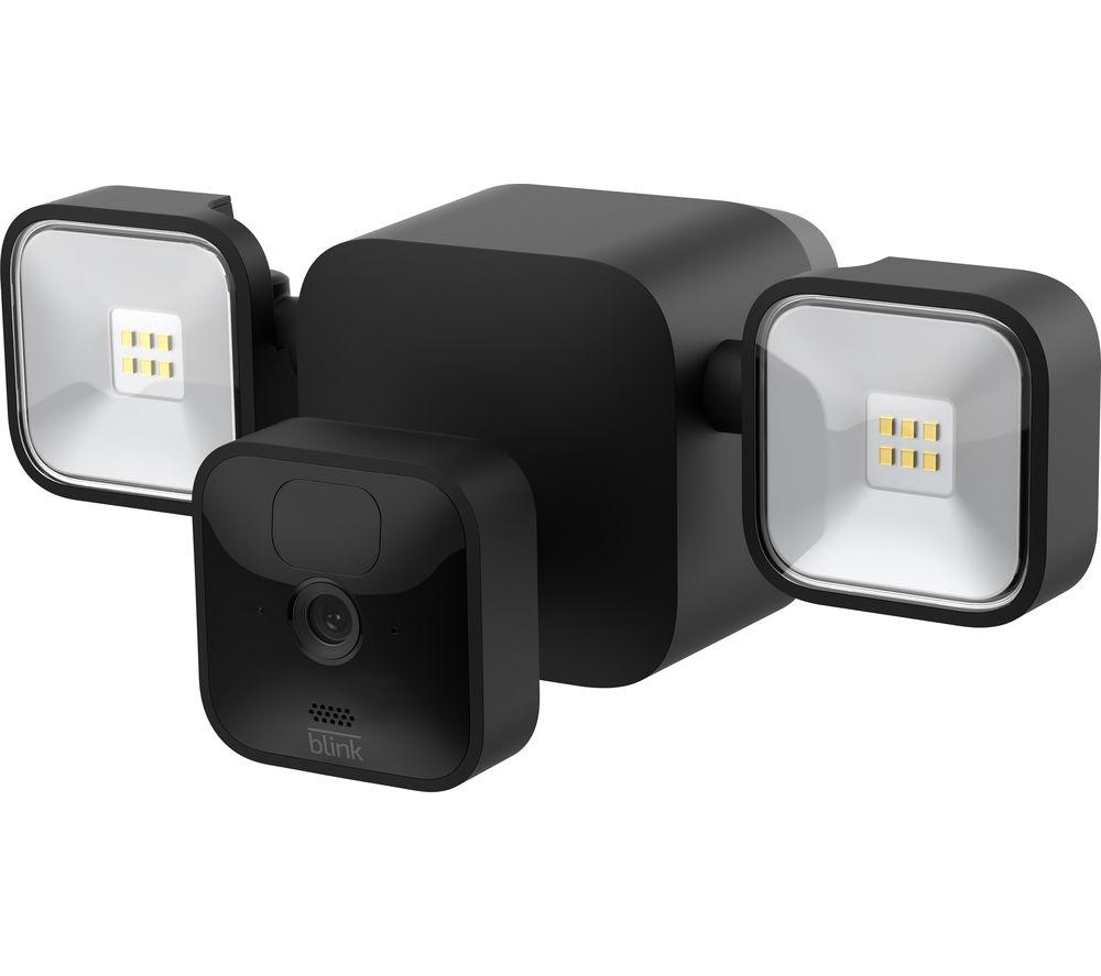 Wireless black floodlight mount with two bright LED lights and a smart security camera in the center, featuring motion detection and a sleek, modern design.