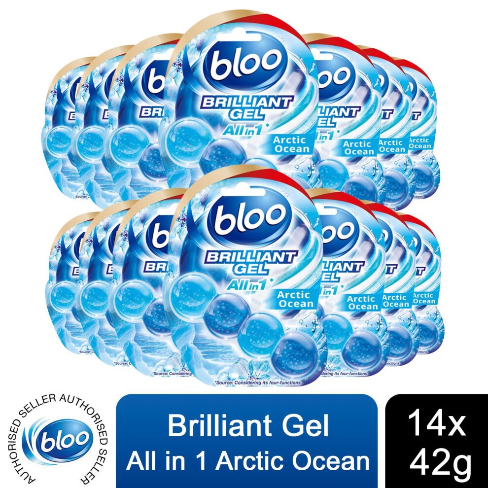 Bloo Toilet Rim Blocks in Arctic Ocean scent, featuring 14 gel packs, each 42g, with a vibrant blue color and bubble design, promoting freshness and cleanliness.