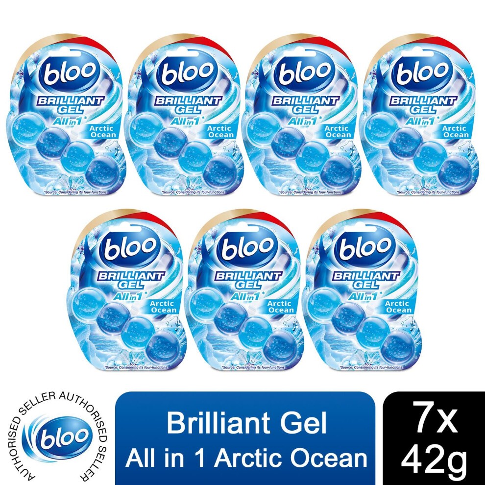 Six packs of Bloo Toilet Rim Blocks, featuring a blue and white design, with gel capsules inside, labeled "Brilliant Gel All in 1 Cleaner Arctic Ocean Scent," weighing 42g each.