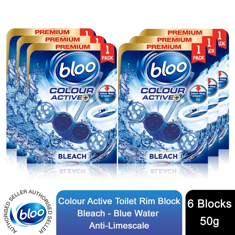 Bloo Colour Active Anti-Limescale Bleach Toilet Rim Block packs, featuring six 50g blue blocks with a water splash design and odour stop feature, in vibrant packaging.