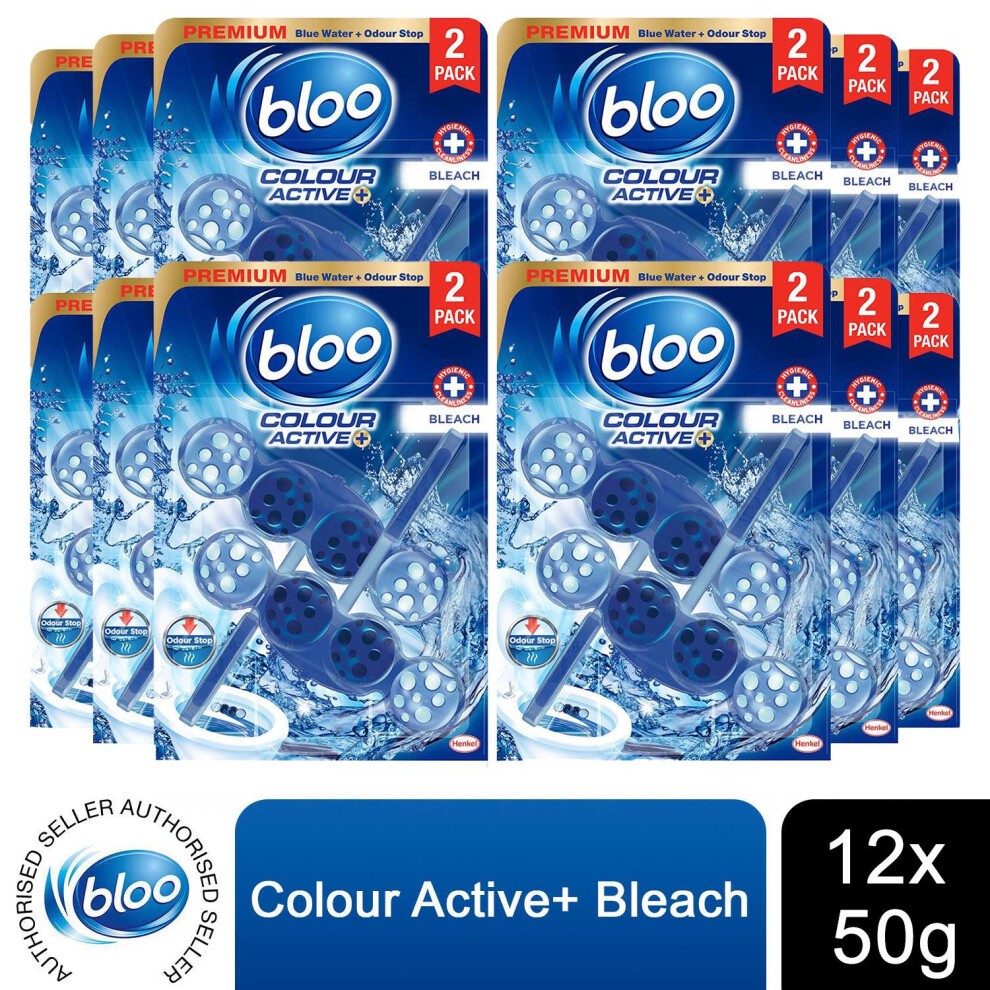 Bloo Colour Active+Bleach toilet rim blocks in blue packaging, featuring 12 packs of 2x50g, highlighting freshness and cleaning power with a water splash design.