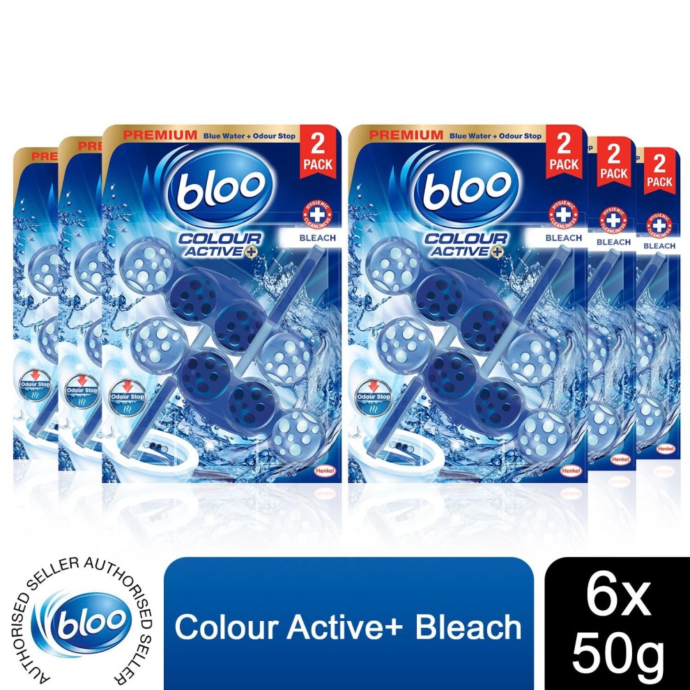 Six packs of Bloo Toilet Rim Blocks in blue packaging, featuring circular blocks with holes, labeled "Colour Active+ Bleach," each pack containing two 50g blocks.