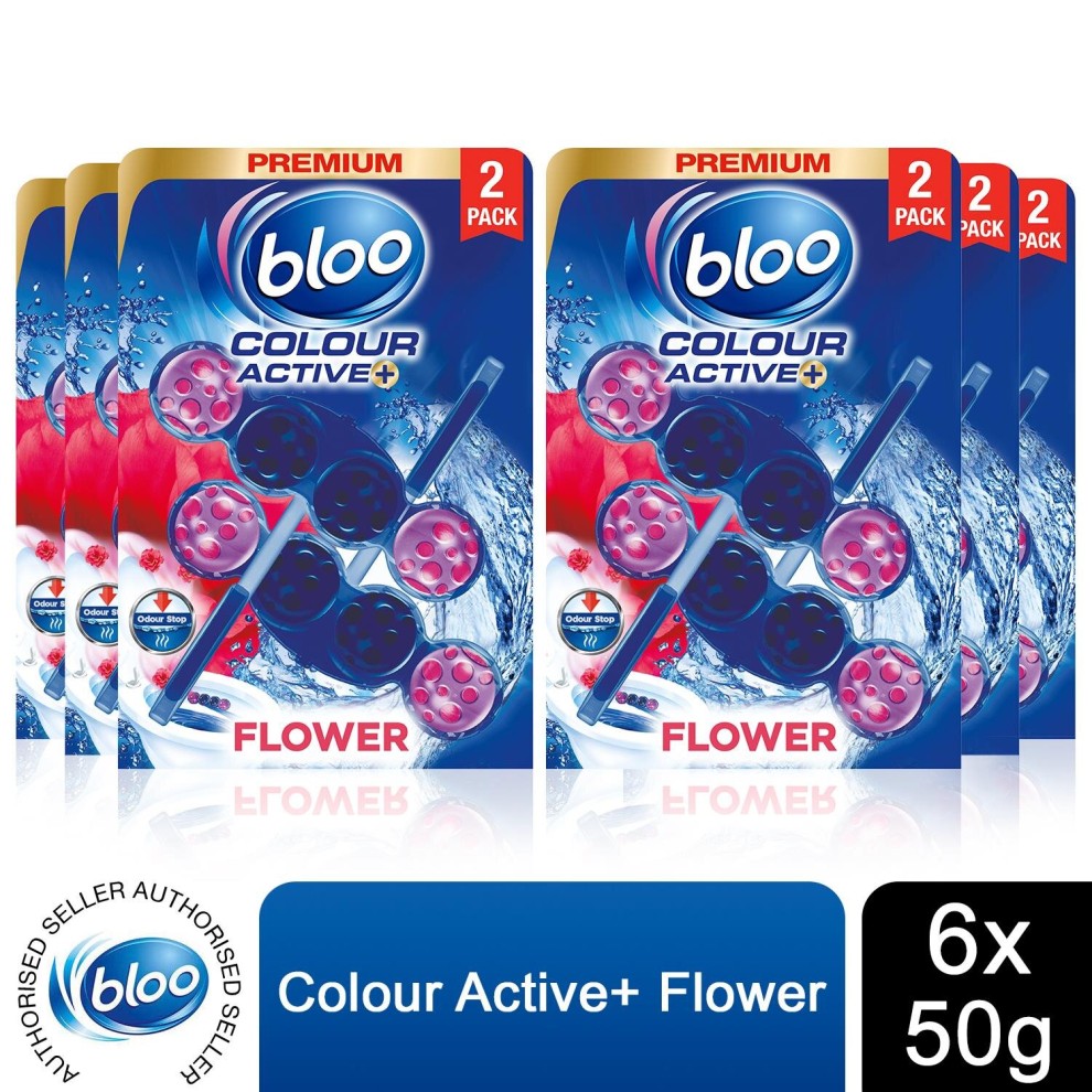 Six packs of Bloo Toilet Rim Blocks in Flower scent, featuring vibrant pink and blue discs, designed for toilet cleaning and freshness, with a total weight of 300g.