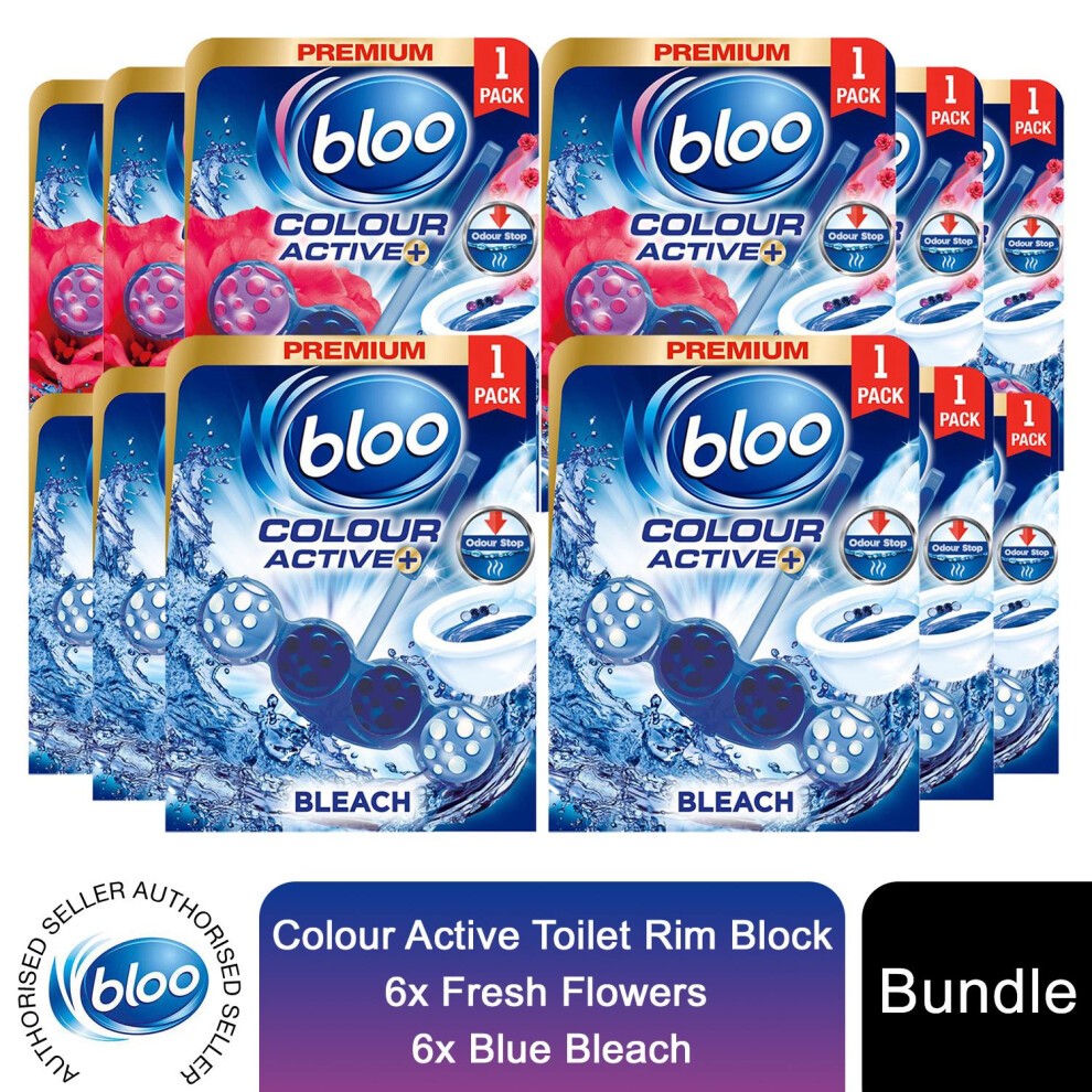 Six packs of Bloo Colour Active Fresh Flower & Bleach Toilet Rim Blocks, featuring vibrant blue and white packaging with floral designs, each containing 50g for odour control.