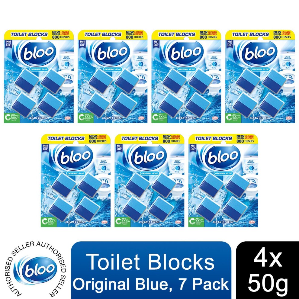 Bloo Toilet Blocks in a 7-pack, featuring blue packaging with white text, each block is 50g, designed for freshness and cleanliness in toilets.