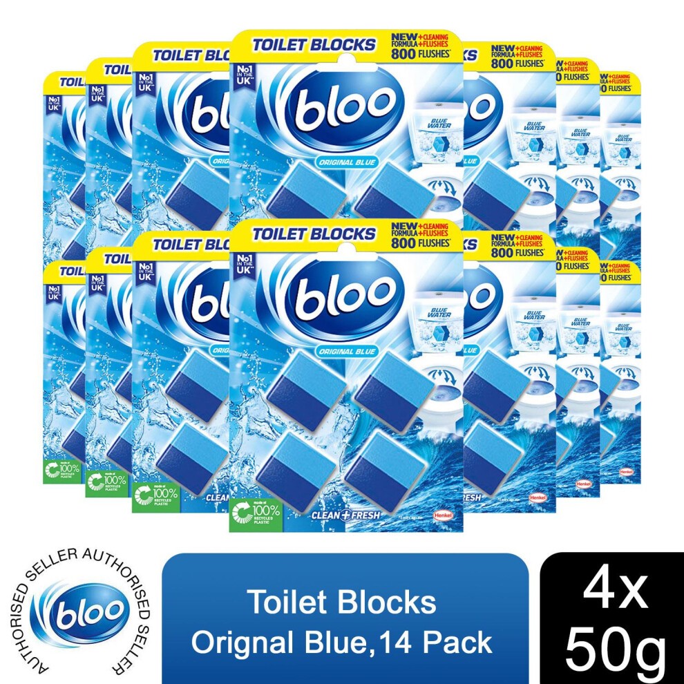 Bloo Toilet Blocks Original Blue Clean+Fresh, featuring 14 packs of 4x50g blue blocks, designed for freshness and cleanliness, with a vibrant blue packaging and water splash graphics.