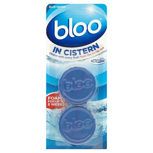 Two blue toilet blocks in a clear plastic packaging, labeled "Bloo," designed to clean with each flush and last up to 8 weeks, featuring a water-themed background.