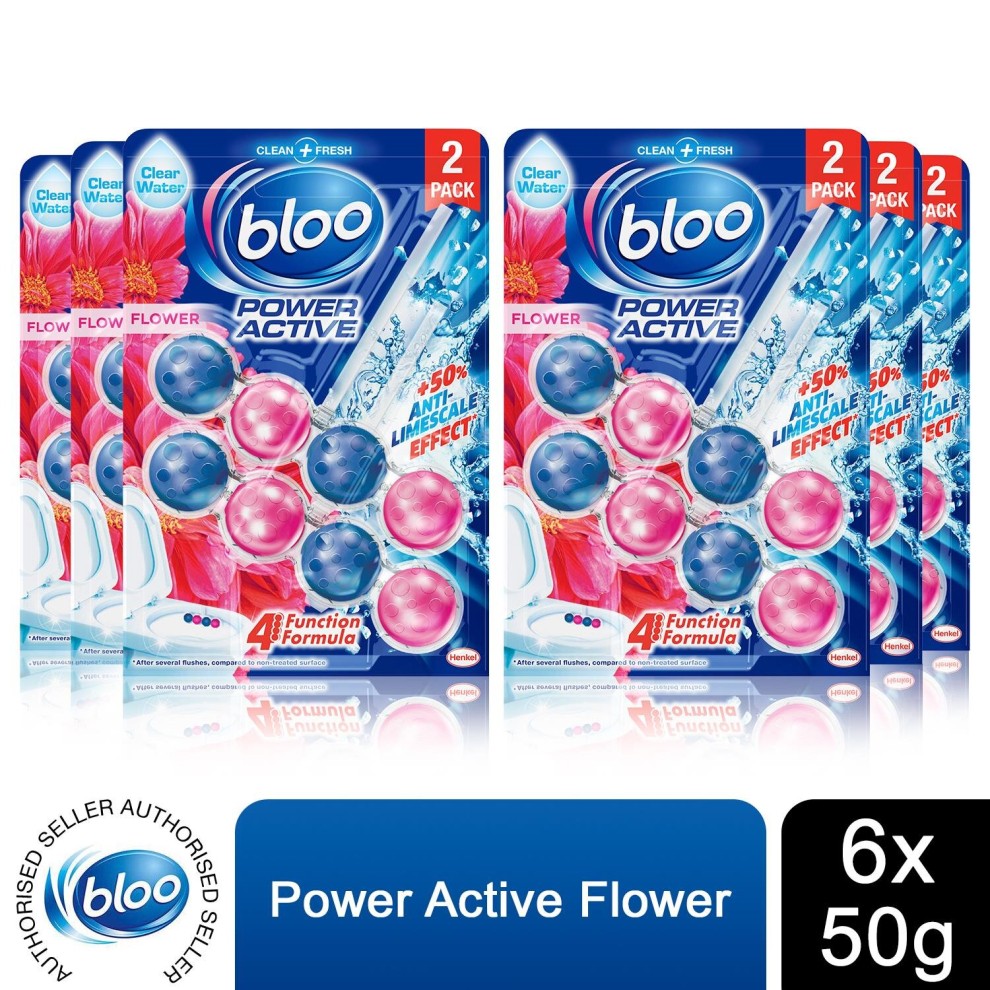 Six packs of Bloo Toilet Rim Blocks in Power Active Flower scent, featuring vibrant pink and blue spheres, designed for cleaning and freshness, with a clear water formula.