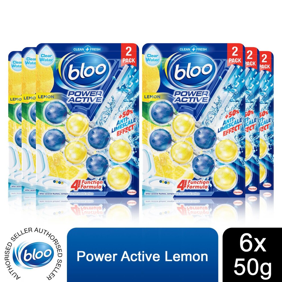 Bloo Toilet Rim Blocks in lemon scent, featuring six packs of blue and yellow spheres designed for anti-limescale effect, with a clean and fresh branding.