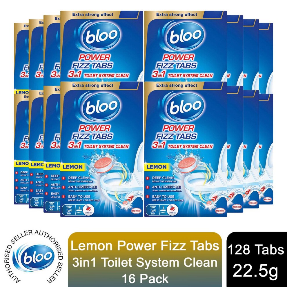 Bloo Power Toilet Fizz Tabs pack featuring 16 boxes, each containing 8 tabs, with a blue and white design, emphasizing deep cleaning and lemon scent.