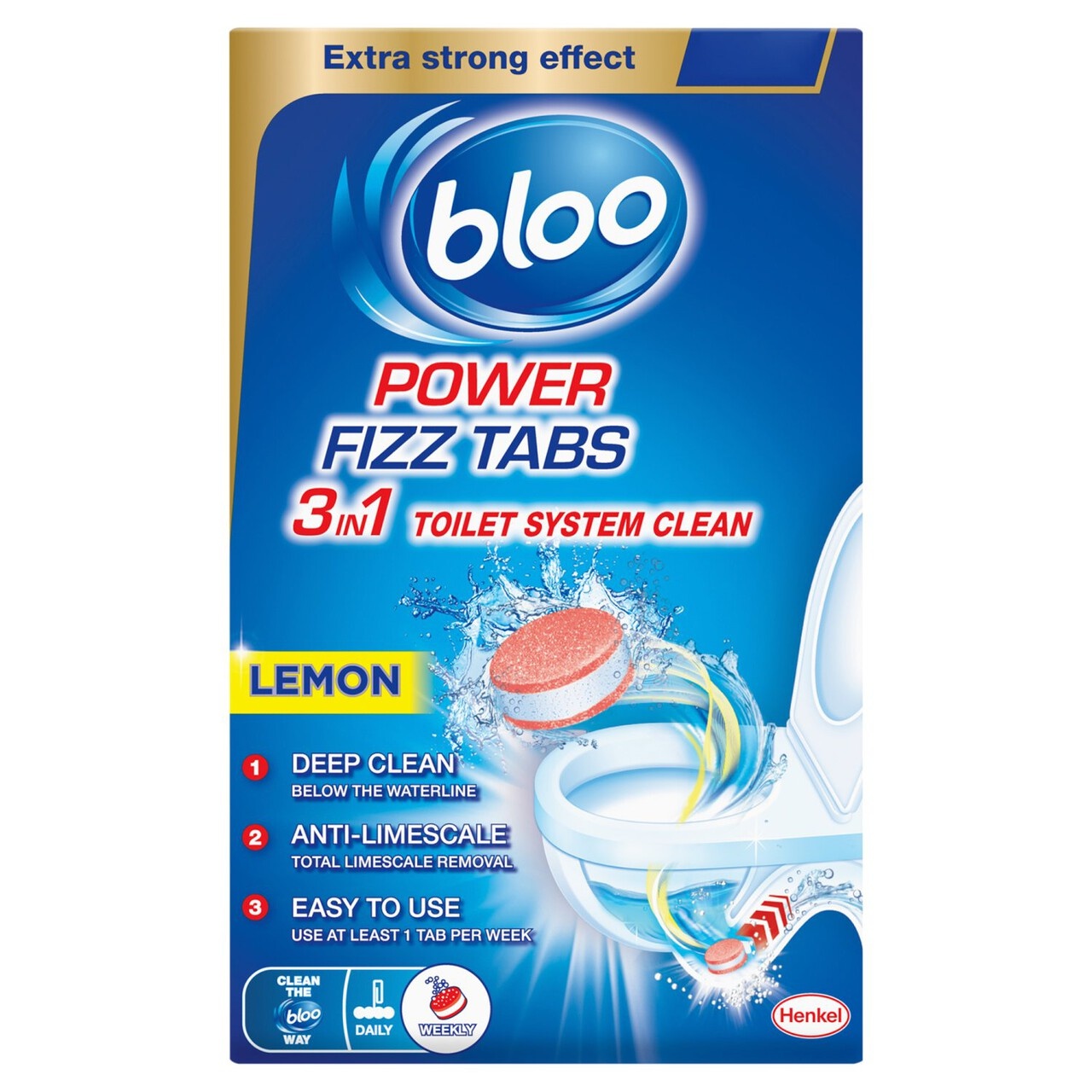 Blue packaging for Bloo Fizz Tabs featuring a vibrant blue logo, product description, and images of fizzing tabs, emphasizing deep cleaning and anti-limescale features.