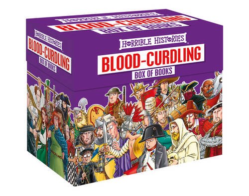 Colorful box set featuring "Blood-Curdling Box of Books" by Terry Deary, with illustrations of historical characters and a purple background, showcasing titles like "Rotten Romans" and "Terrible Tudors."