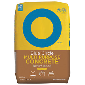 Yellow and blue bag of Blue Circle Multi Purpose Concrete, 20kg, featuring a large blue circle logo and text indicating it's ready to use and suitable for various applications.