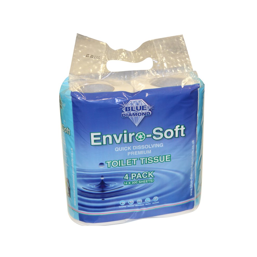Blue Diamond Enviro-Soft Premium Toilet Tissue Paper 4-Pack features a blue package with water graphics, highlighting quick-dissolving, soft tissue sheets (4 rolls, 320 sheets each).