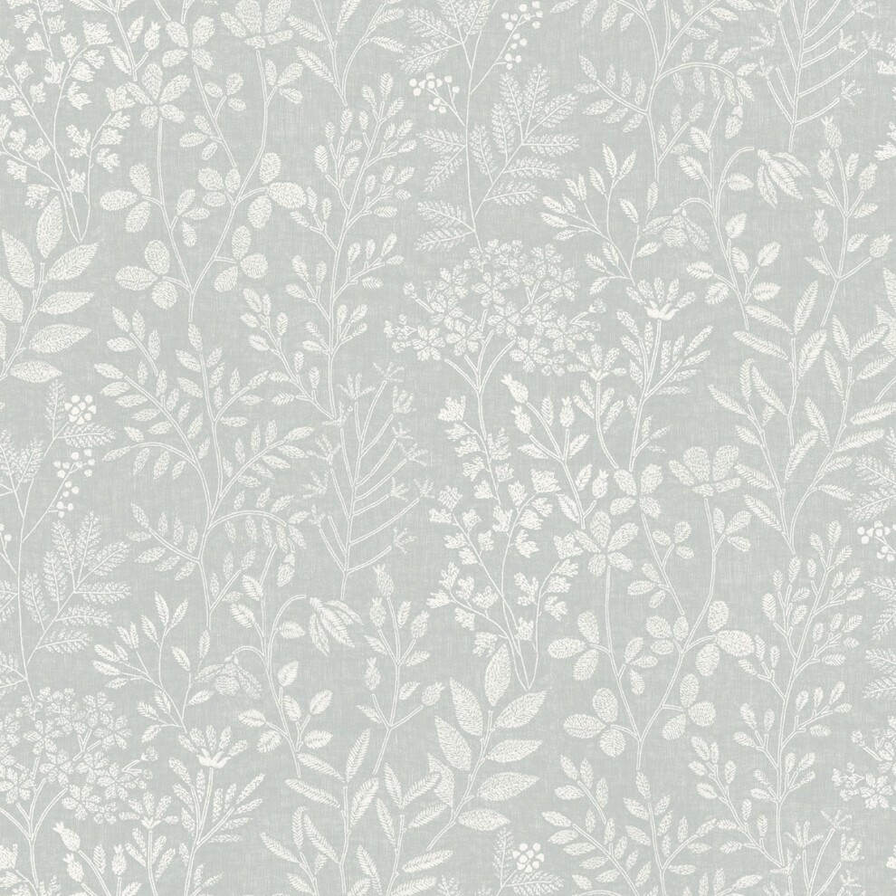 Light grey wallpaper featuring a delicate, stitched organic pattern of white floral and leaf designs, creating a soft, textured appearance.