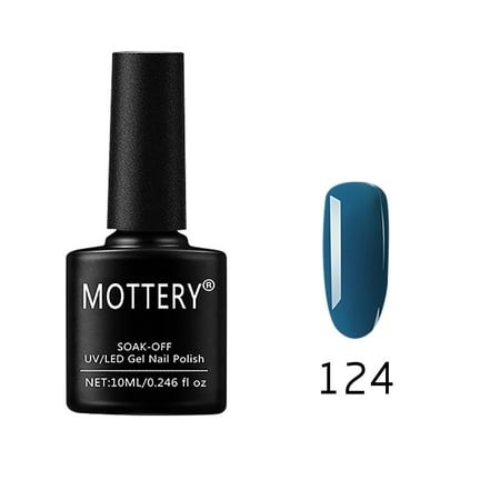 Black bottle of MOTTERY soak-off UV/LED gel nail polish, featuring a glossy dark blue swatch labeled "124" beside it, showcasing its color and shine.