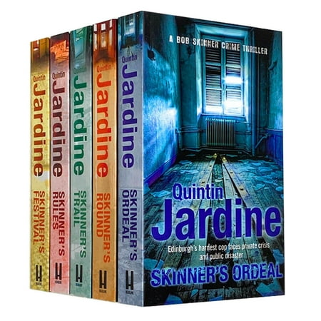 Five colorful paperback books from the Bob Skinner series by Quintin Jardine, featuring titles like "Skinner's Festival" and "Skinner's Rules," with bold text on vibrant covers.