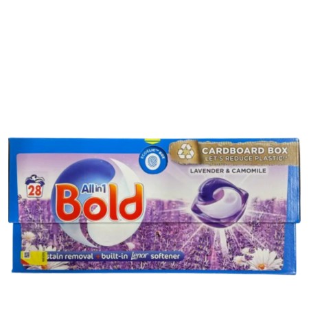 Bold All-in-1 laundry pods box in blue and purple, featuring lavender and chamomile scent, contains 28 pods, highlights stain removal and built-in fabric softener.