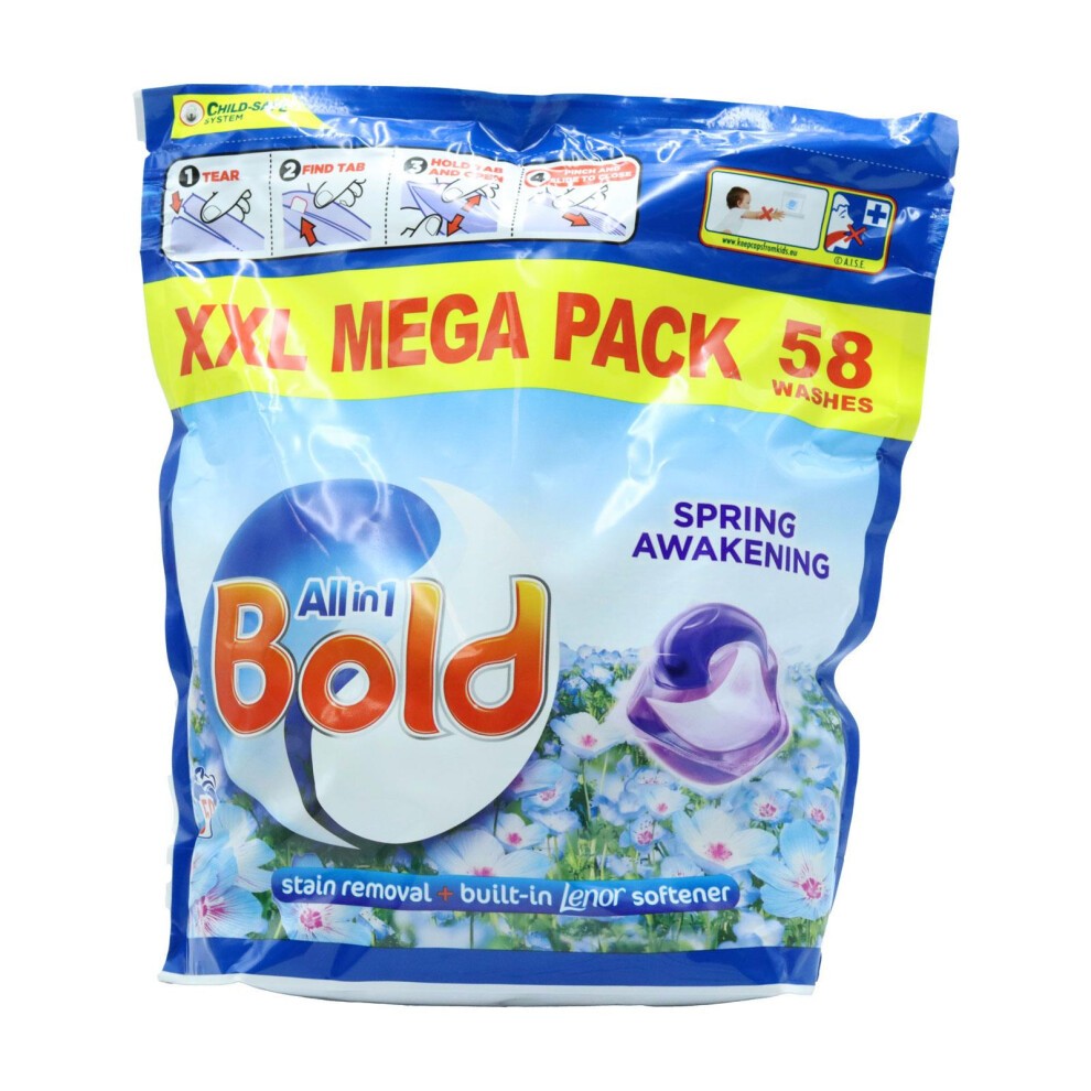 Bright blue packaging featuring "Bold All-in-1 Pods" label, with a white and purple pod illustration, and "Spring Awakening" text, indicating stain removal and built-in Lenor softener for 58 washes.