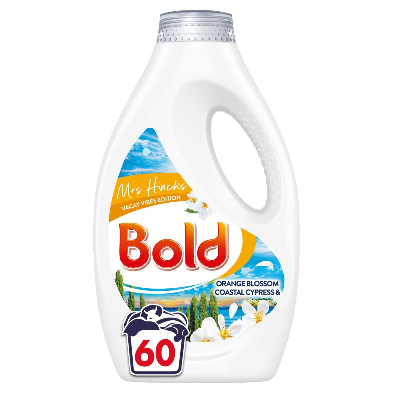 Bold 2 in 1 washing liquid in a white plastic bottle with a handle, featuring an orange and blue label, floral design, and indicating 60 washes, labeled as Mrs Hinch's Vacay Vibes Edition.