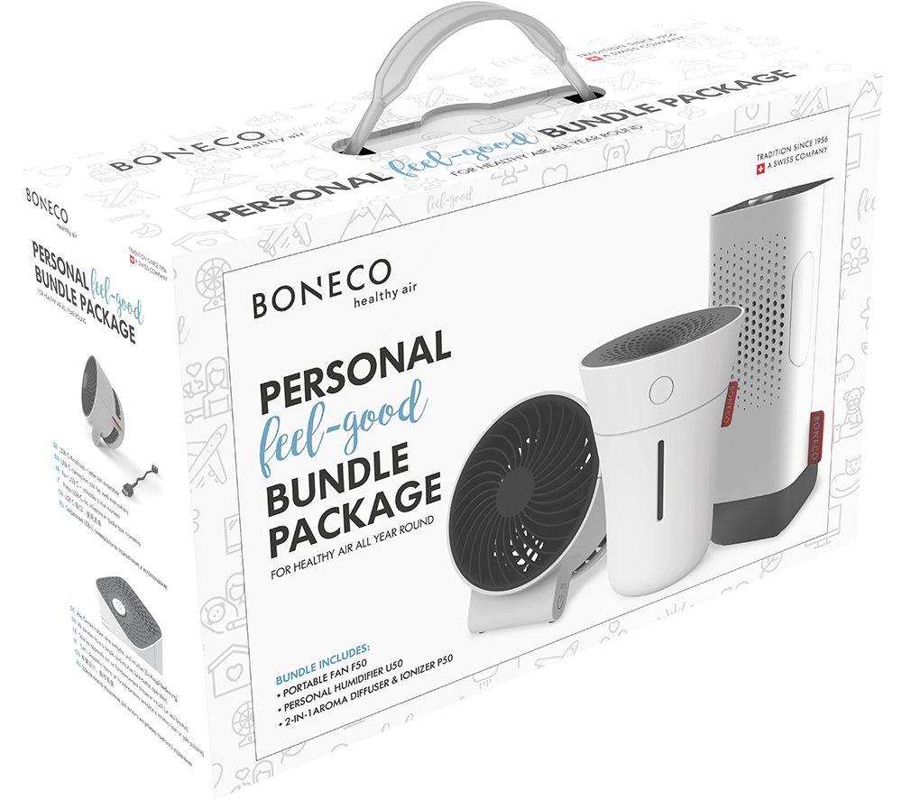 White box packaging featuring the Boneco Travel Kit, including a USB air purifier fan and humidifier, with sleek design and red accents, labeled for personal air care.