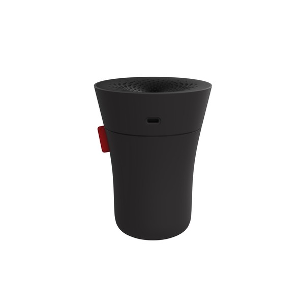 Ultrasonic humidifier in sleek black design with a tapered shape, featuring a USB port and a textured top for mist diffusion, ideal for portable use.