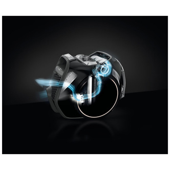 Miele Boost CX1 Cat and Dog bagless cylinder vacuum cleaner in obsidian black, featuring a sleek design, visible air flow indicator, and modern contours.