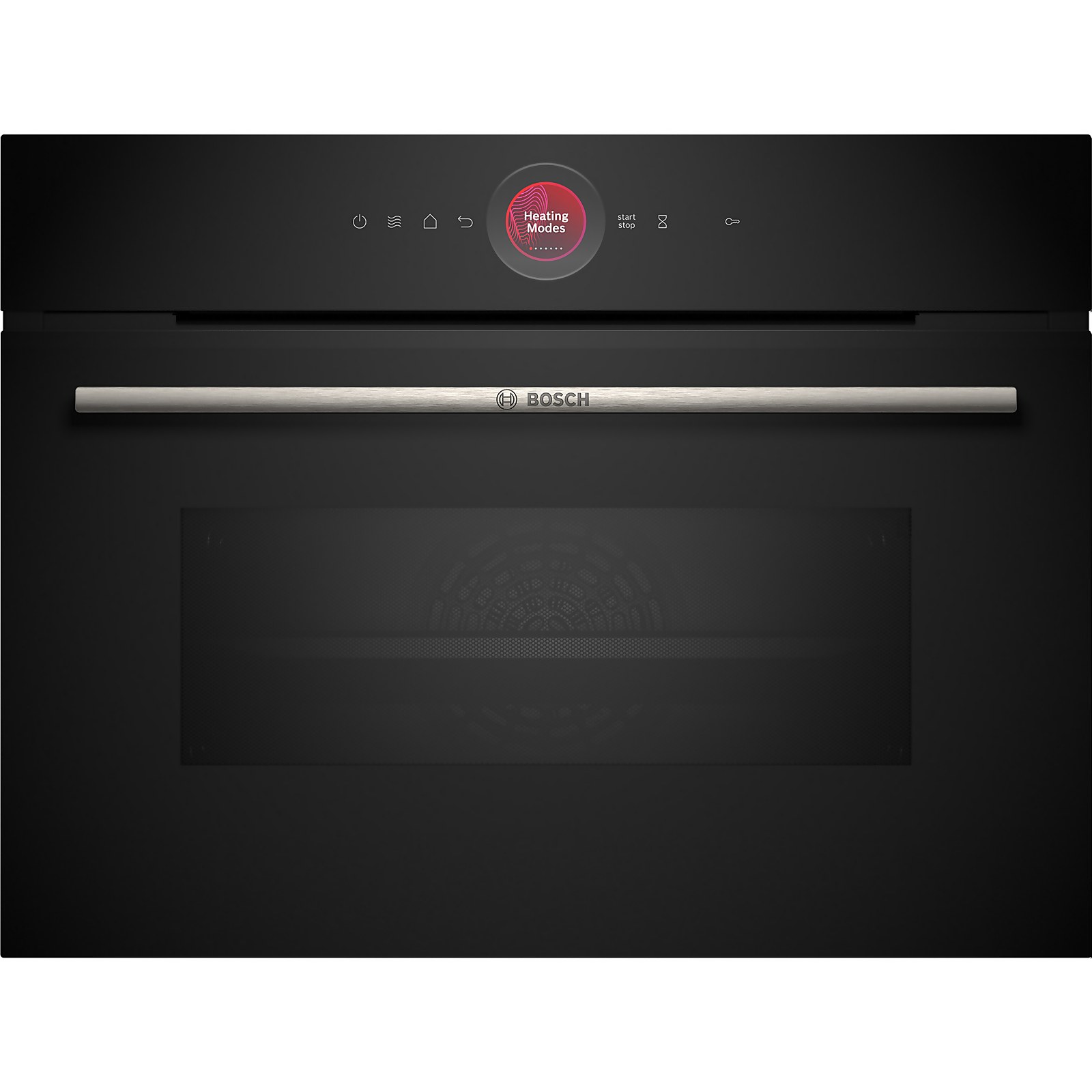 Built-in combination microwave oven in sleek black finish, featuring a stainless steel handle, digital control panel, and a circular display with heating modes.