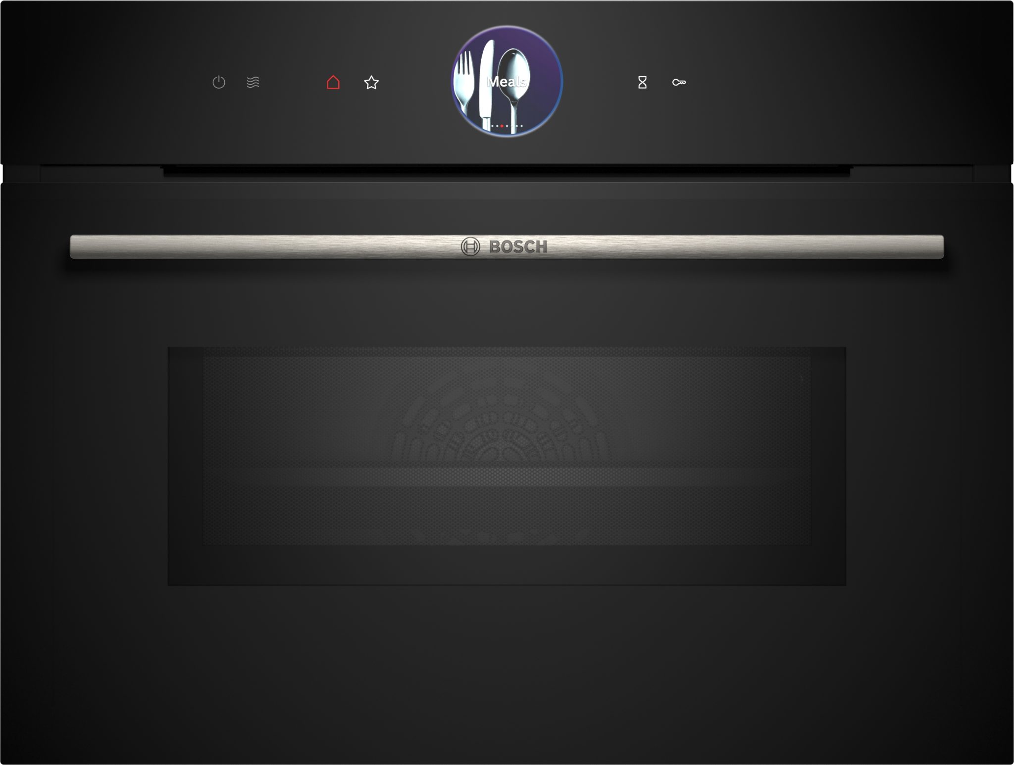 Bosch Series 8 built-in combi microwave in sleek black, featuring a stainless steel handle, touch control panel, and a glass window displaying the interior.