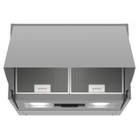 Integrated Bosch DEM63AC00B cooker hood in stainless steel with a sleek design, featuring two mesh filters and built-in LED lights for efficient ventilation.