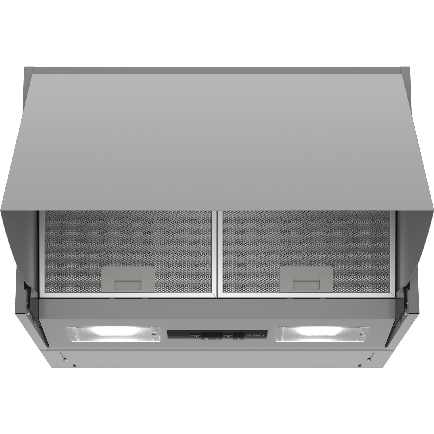Bosch DEM66AC00B Series 2 60cm integrated hood in metallic silver features a sleek design, dual mesh filters, and built-in LED lights for enhanced kitchen visibility.