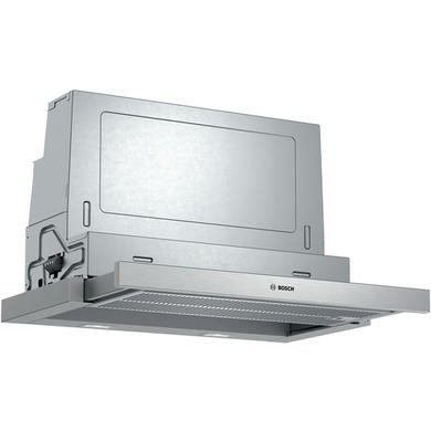 Silver Bosch DFS067A51B Series 4 60cm telescopic cooker hood featuring a sleek design, integrated lighting, and a modern finish, ideal for contemporary kitchens.