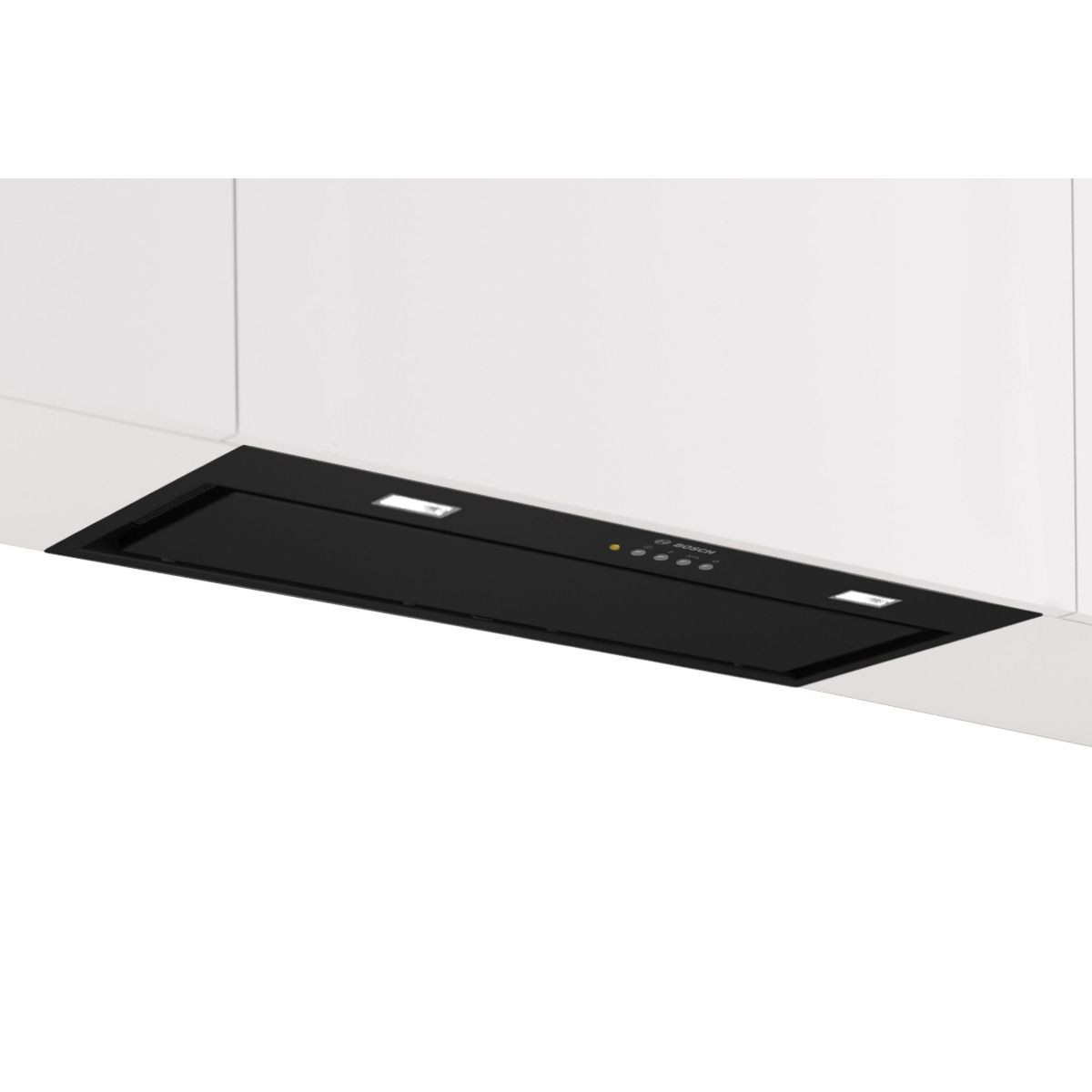 Black Bosch DLN77AC60B canopy cooker hood with a sleek design, featuring touch controls and a minimalist style, seamlessly integrated into a white kitchen cabinetry.