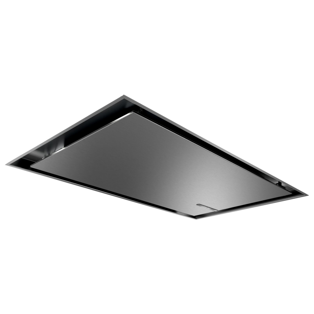 Sleek, rectangular ceiling cooker hood in stainless steel with a minimalist design, featuring a smooth, reflective surface and integrated lighting for modern kitchens.