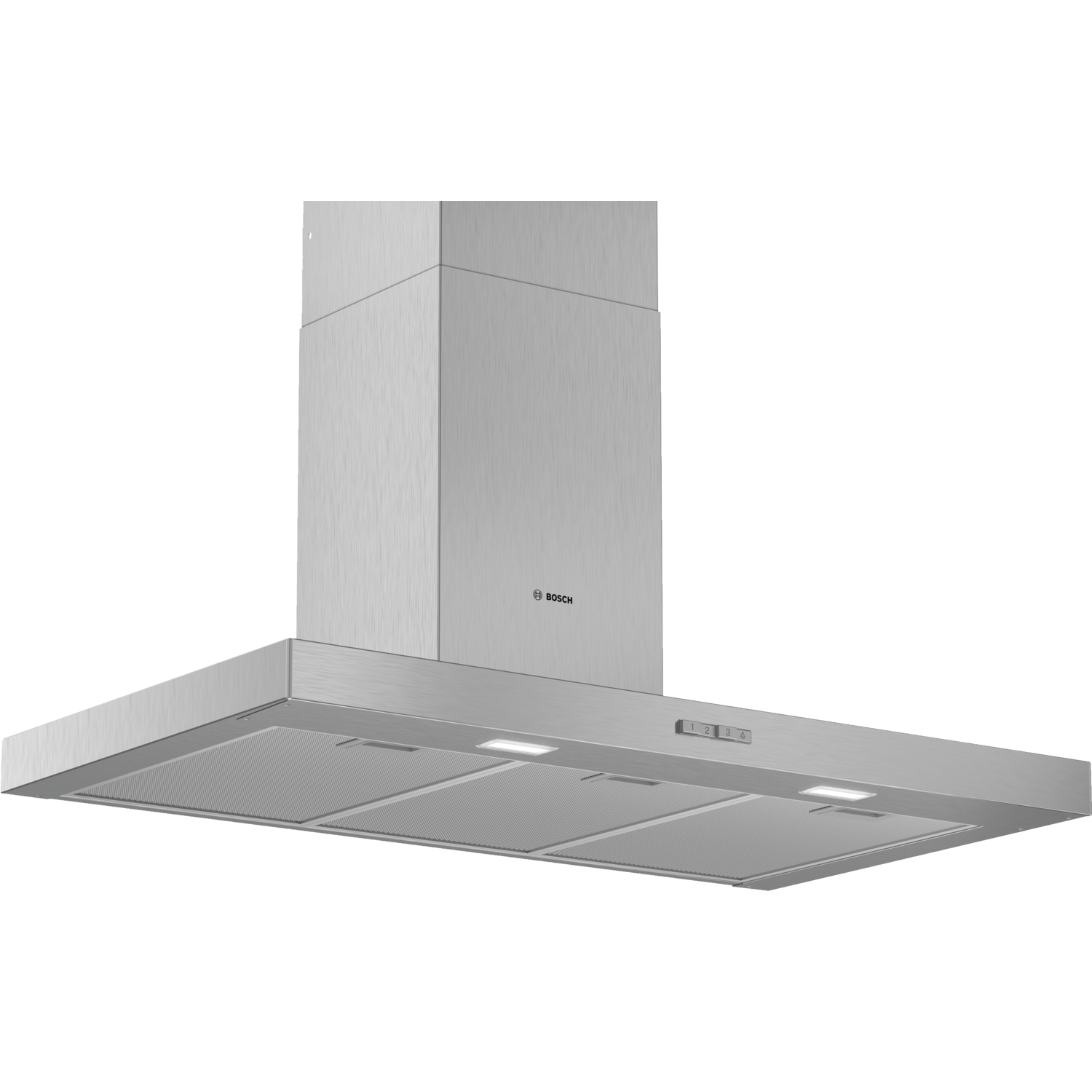 Bosch DWB94BC50B Series 2 hood in brushed steel features a slimline box design, 90cm width, three filters, and integrated lighting for efficient kitchen ventilation.