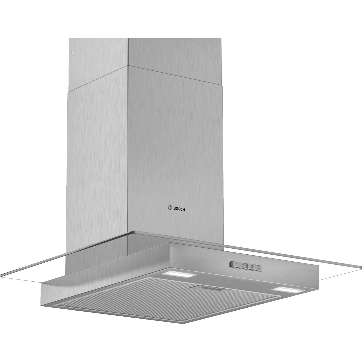 Stainless steel Bosch DWG64BC50B Series 2 60cm flat glass chimney hood featuring a sleek design, touch controls, and integrated lighting.