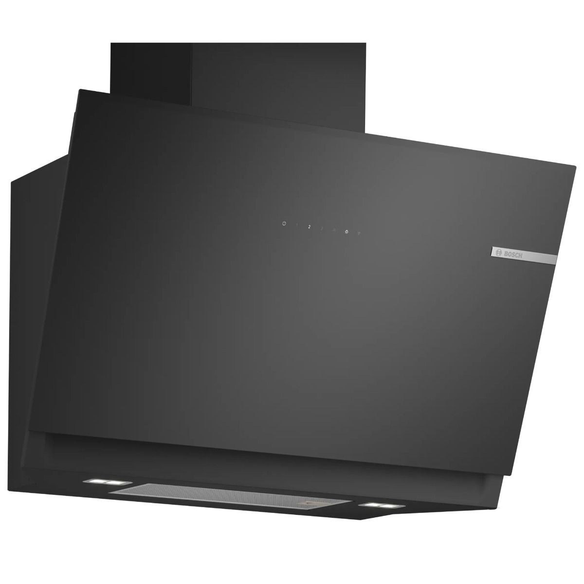 Bosch DWK81AN60B Series 6 chimney cooker hood in sleek black glass, featuring a modern design, touch controls, and integrated LED lighting for enhanced visibility.