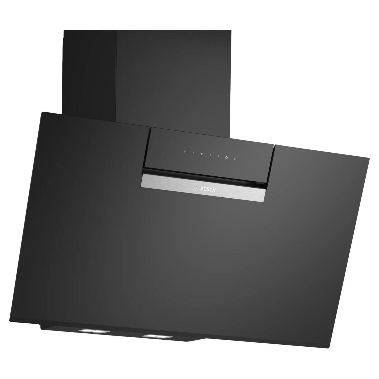 Bosch DWK87FN60B Series 4 angled chimney hood in sleek black glass, featuring a modern design, stainless steel accents, and integrated LED lighting for enhanced visibility.