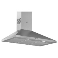 Brushed steel 60cm pyramid design hood with a sleek, modern finish, featuring two built-in lights and a stainless steel chimney for effective kitchen ventilation.