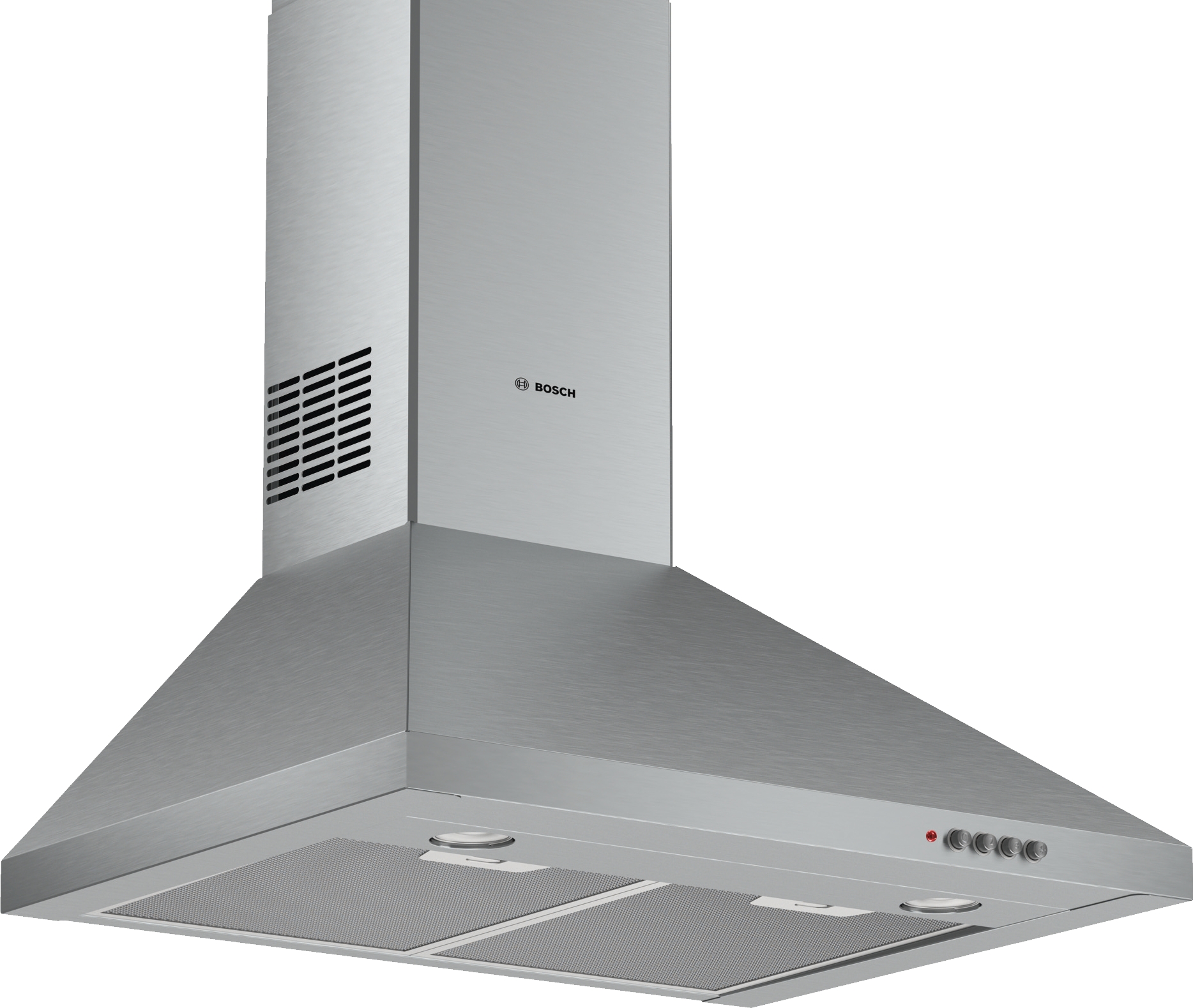 Brushed steel pyramid design hood with a 60cm width, featuring control buttons, two metal filters, and a sleek modern aesthetic.